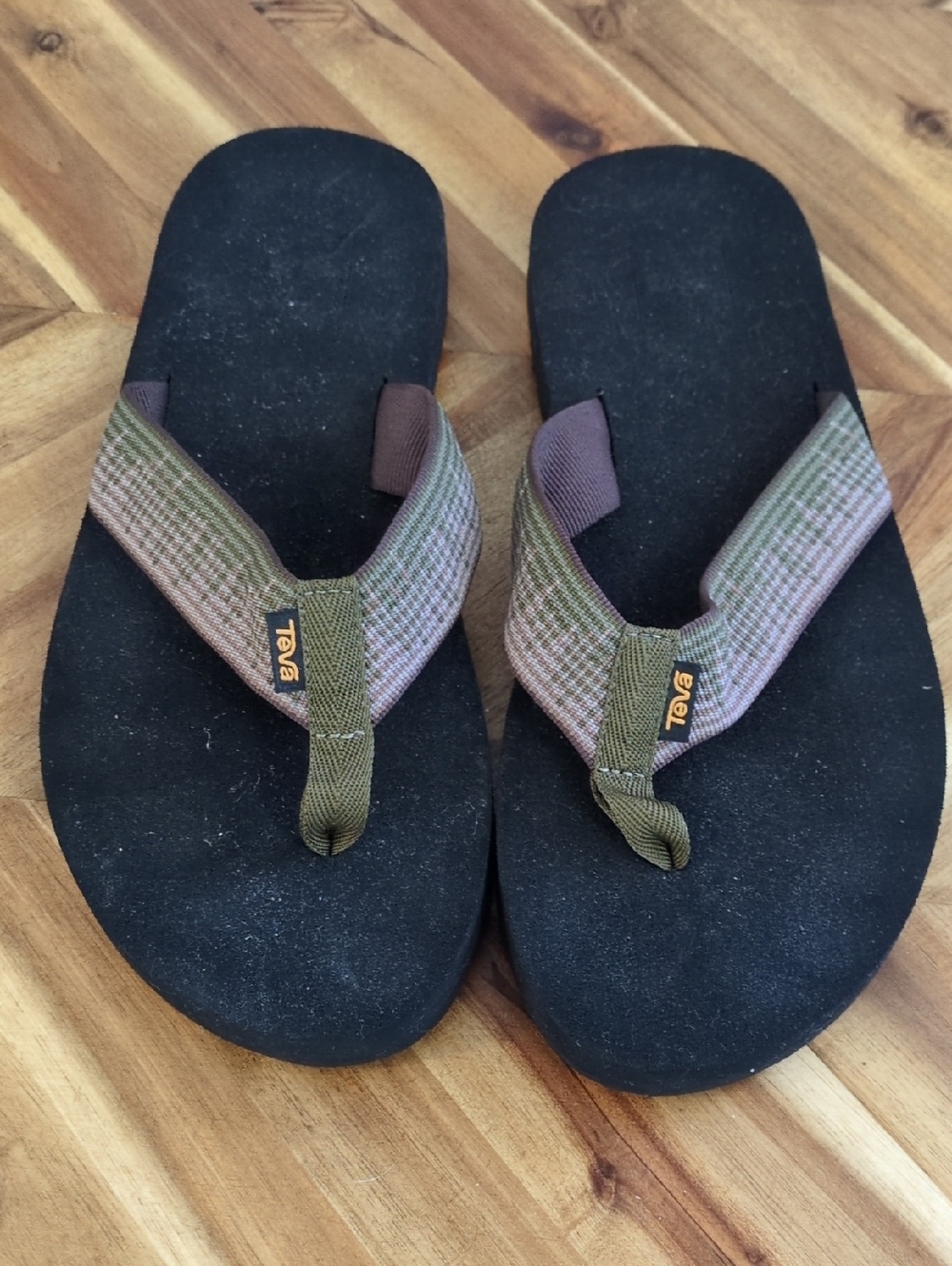 Teva Black Footbed Flip Flops with Olive and Mauve Straps